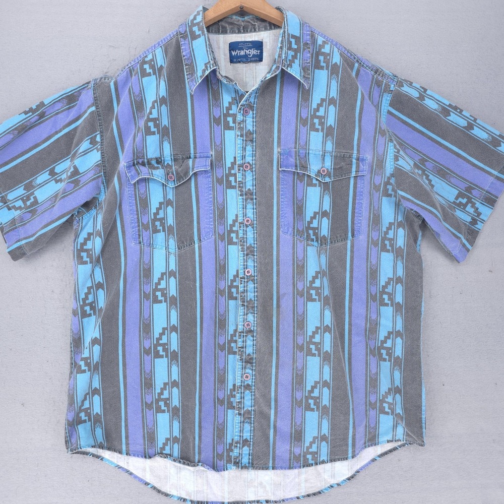 Wrangler Brushpopper Shirt Men XL Blue Aztec Stripe Vintage Western Short Sleeve